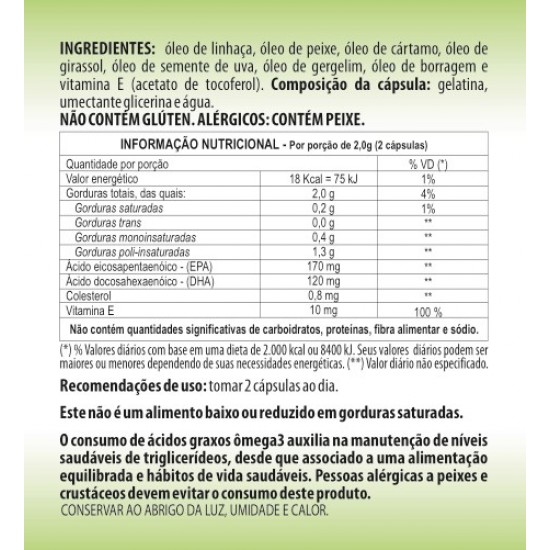 7 Óleos - Linhaça, Cártamo, Peixe, Girassol, Uva, Gergelim, Borragem e Vitamina E 1000 mg Softgel