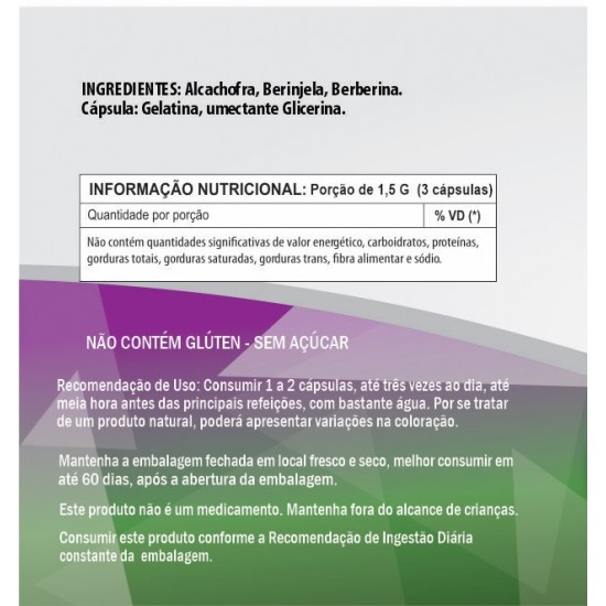 Alcachofra + Berinjela + Berberina 500mg - Suplemento Alimentar 100% Natural