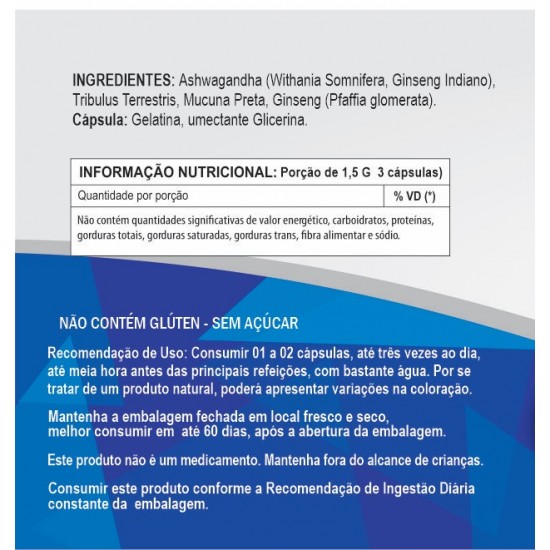 Ashwagandha (Ginseng Indiano), Mucuna Preta, Tribulus Terrestris, Ginseng 500 mg