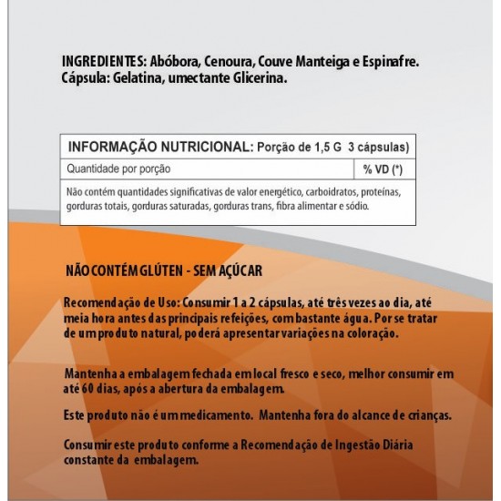 Betacaroteno Natural - Fonte De Pró-Vitamina A - Abóbora, Cenoura, Couve Manteiga, Espinafre 500mg - Suplemento Alimenta