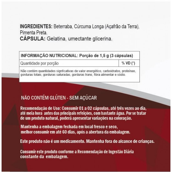 Beterraba, Cúrcuma Longa (Açafrão Da Terra) e Pimenta Preta 500 mg