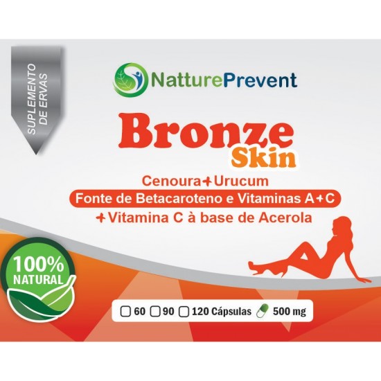Bronze Skin - Rico em Betacaroteno e Vitaminas A + C - Cenoura, Urucum, Acerola 500mg - Suplemento Alimentar 100% Natura