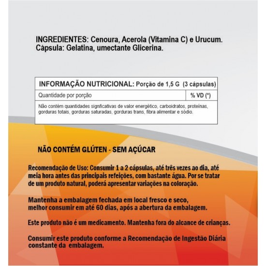 Bronze Skin - Rico em Betacaroteno e Vitaminas A + C - Cenoura, Urucum, Acerola 500mg - Suplemento Alimentar 100% Natura