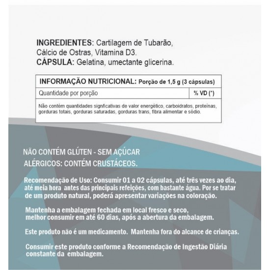 Cartilagem de Tubarão, Cálcio de Ostras e Vitamina D3 500 mg
