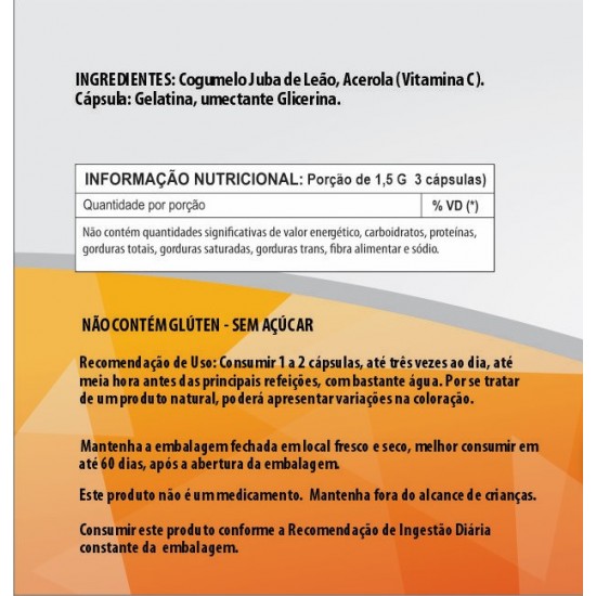 Cogumelo Juba de Leão + Acerola (Vitamina C) 500mg - Suplemento Alimentar 100% Natural