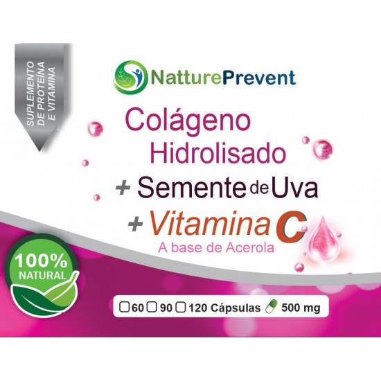 Colágeno Hidrolisado com Smente de Uva e Acerola (Vitamina C) 500 mg