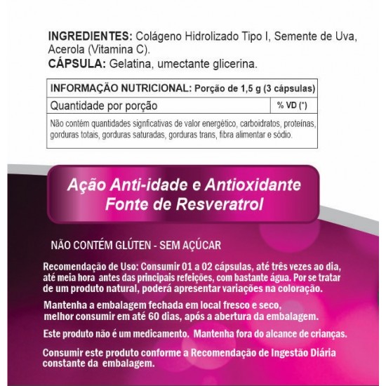 Colágeno Hidrolisado com Smente de Uva e Acerola (Vitamina C) 500 mg