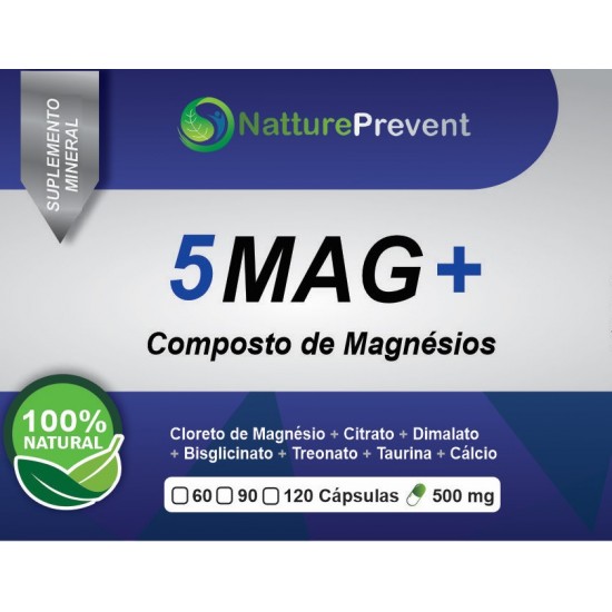 Composto 5MAG 500mg - Citrato de Magnésio, Cloreto de Magnésio, Magnésio Bisglinato, Magnésio Dimalato, Magnésio Treonat