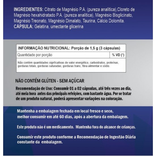 Composto 5MAG 500mg - Citrato de Magnésio, Cloreto de Magnésio, Magnésio Bisglinato, Magnésio Dimalato, Magnésio Treonat