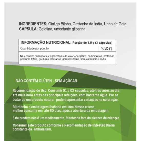 Circulatório Plus Composto 500 mg - Ginkgo Biloba, Castanha da Índia, Unha de Gato e Centella Asiática