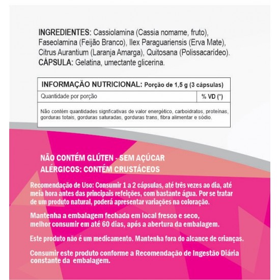 COMPOSTO FÓRMULA EMAGRECEDORA 500mg - CASSIOLAMINA, FASEOLAMINA, CITRUS AURANTIUM (LARANJA AMARGA), QUITOSANA, Ilex para
