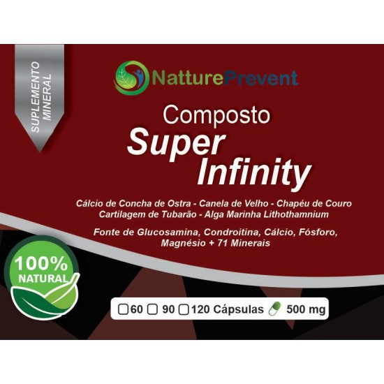 Composto Super Infinity 500 mg - Cálcio de Concha de Ostra, Canela de Velho, Chapéu de Couro, Cartilagem de Tubarão, Alg